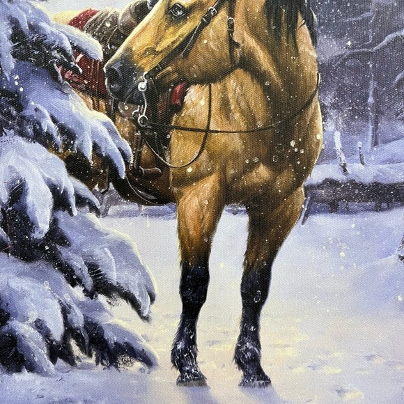 Jack Sorensen Canvas Wall Art Boy Hanging A Star On A Snow Flocked Tree 20”x16” - Picture 11 of 12